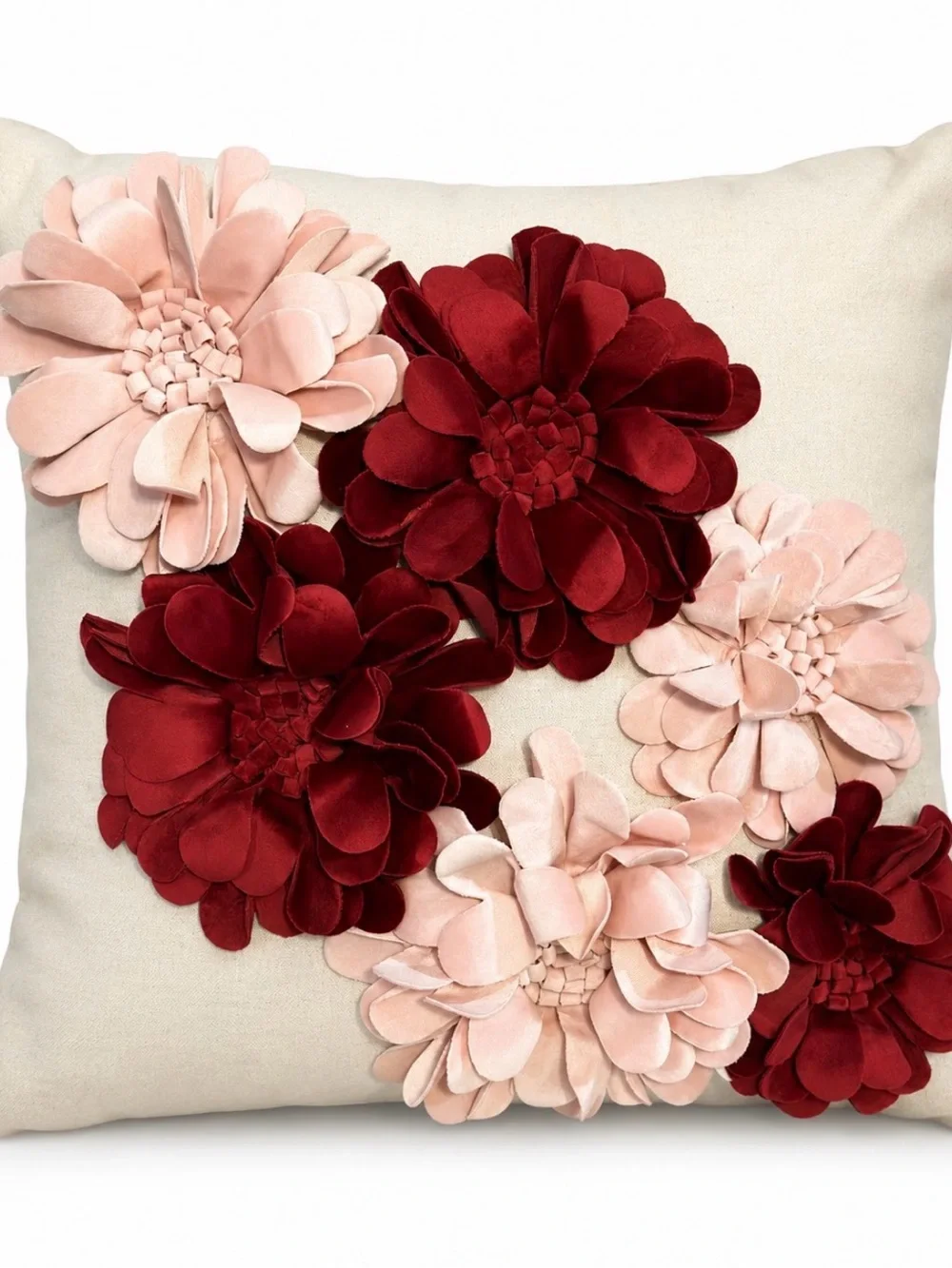 Velvet Floral Appliqué Accent Pillow in Blush and Burgundy